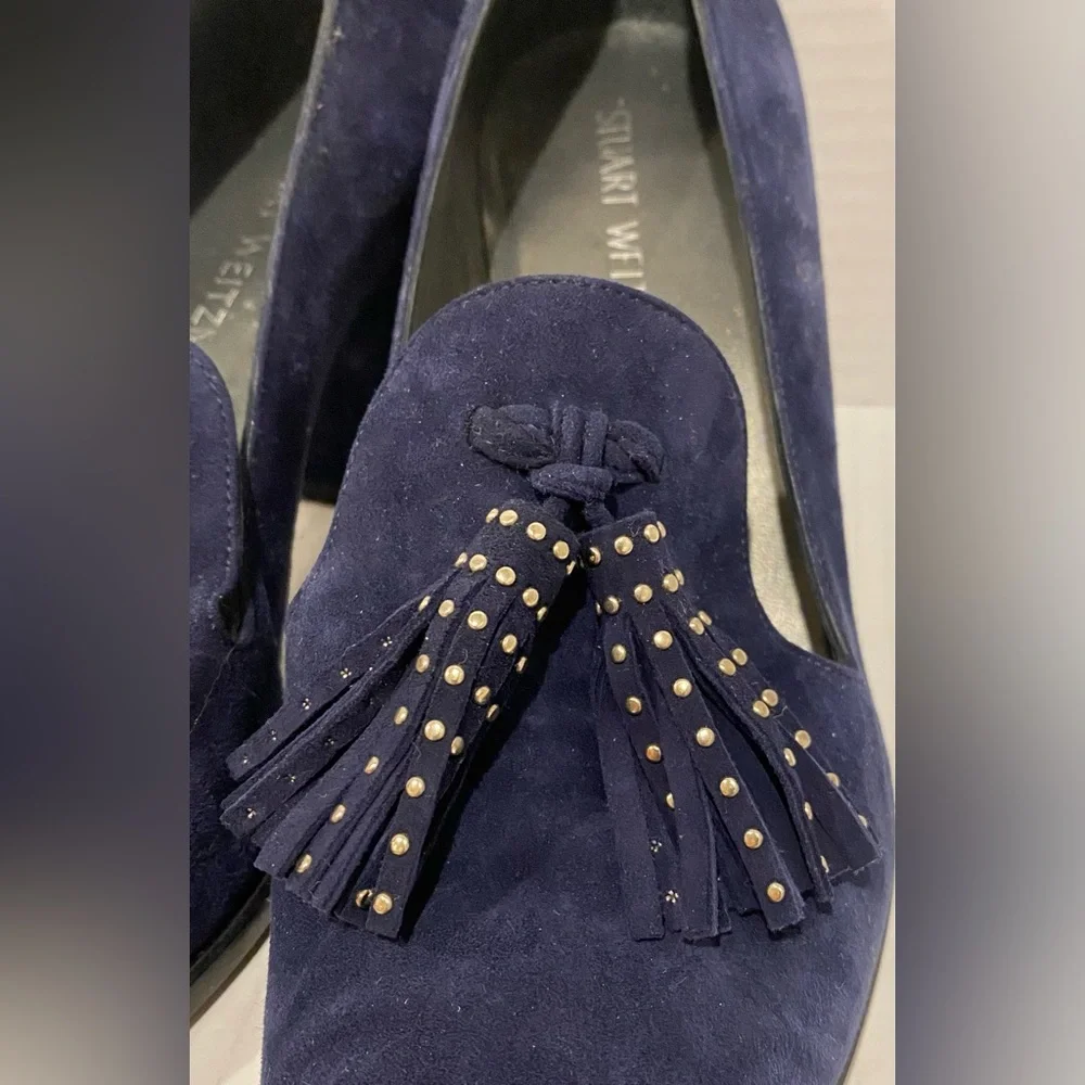 Stuart Weitzman Navy Blue Suede Tassel Block Heel Pumps